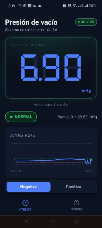 App de Confi mostrando la presión de vacío en vivo